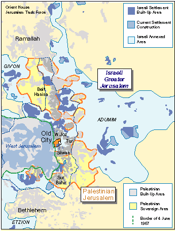 A detailed map of Jerusalem as it would be divided between Palestine and 