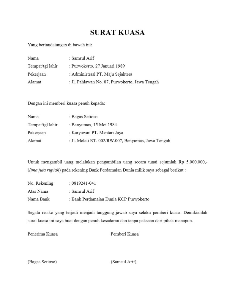 Contoh Surat Kuasa Pengambilan Uang | Contoh-Surat.Org