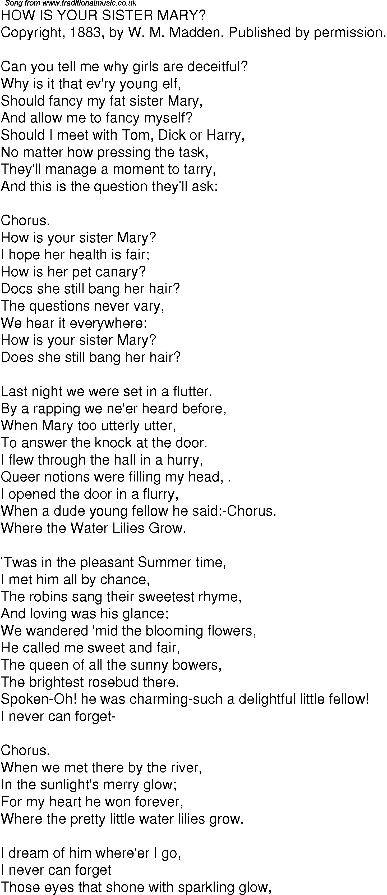 Old Time Song Lyrics For 09 How Is Your Sister Mary