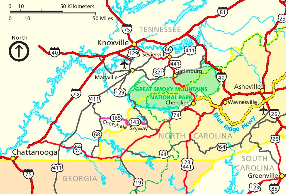 Smoky Mountains Usa Map Great Smoky Mountains area road map