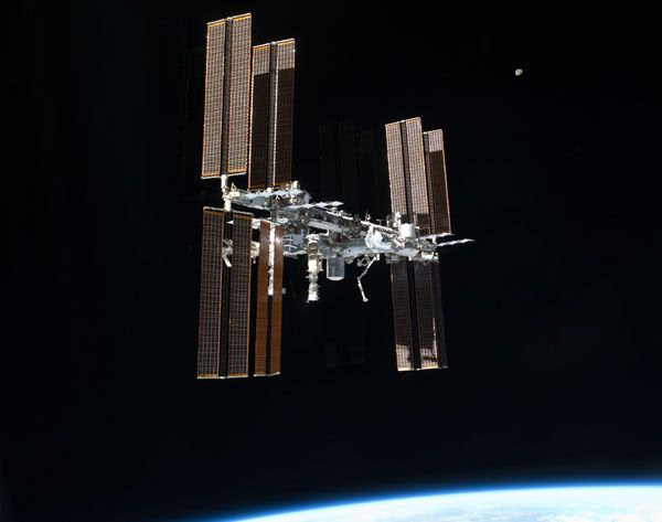 The International Space Station as seen from space shuttle Atlantis after she undocked from the orbital outpost on July 19, 2011.