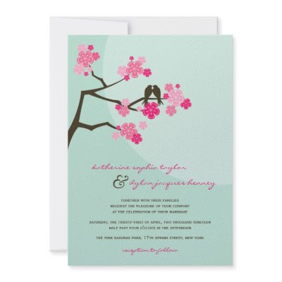 fatfatin Cherry Blossoms Love Birds Wedding Invite