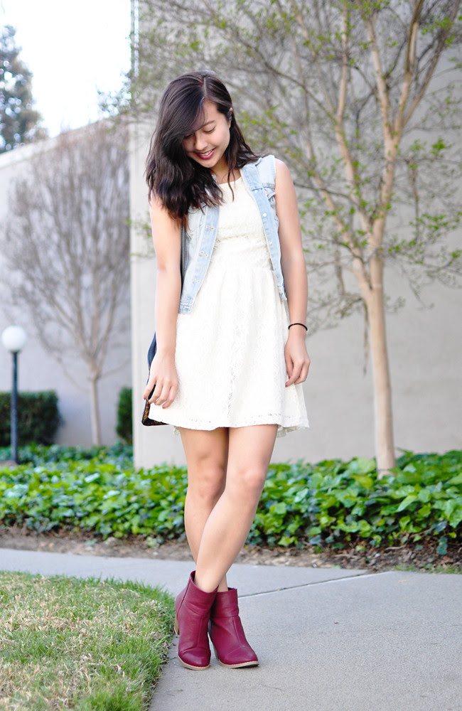 A California-based personal style blog: white floral late skater dress c/o Charlotte Russe, oxblood zip-back pleather heel bootie c/o Charlotte Russe, H&M light denim vest, thrifted purse
