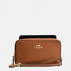 DOUBLE ZIP PHONE WALLET IN CROSSGRAIN LEATHER - COACH f53896 -  IMITATION GOLD/SADDLE