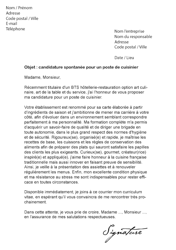 Lettre de motivation Cuisinier (Débutant) - Modèle de Lettre