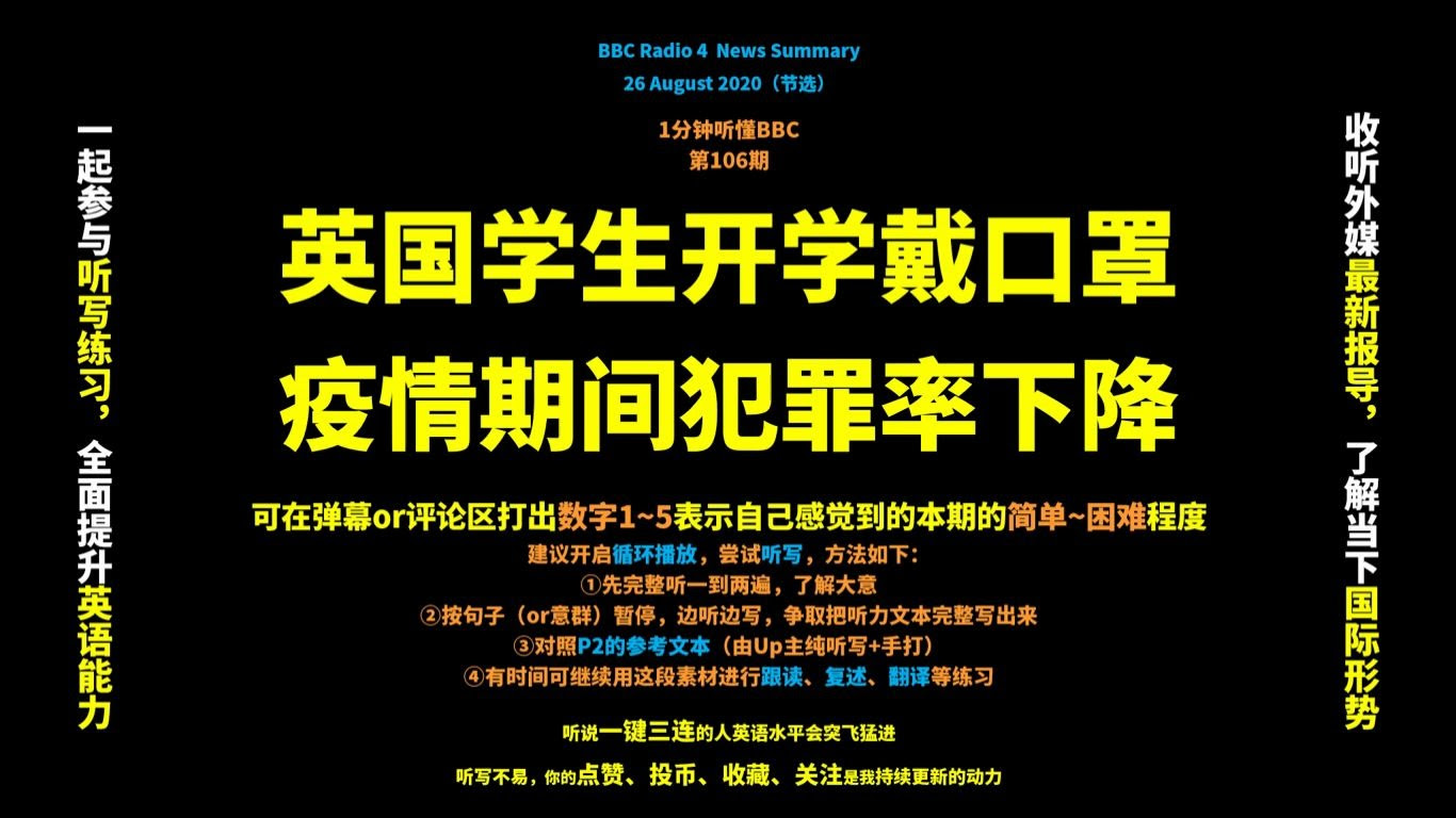 1分钟听懂bbc 106 英国学生开学戴口罩 疫情期间犯罪率下降 P2附up主听写 哔哩哔哩 つロ干杯 Bilibili
