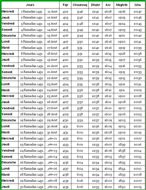 Heure de priere ramadan 2016