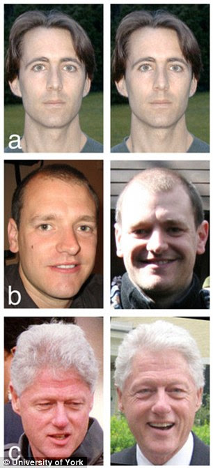 Previous research found matching identical images (a) is trivial, matching different images of unfamiliar faces is hard (b), but matching different images of familiar faces is easy (c)