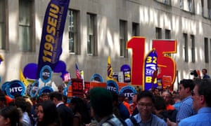 New York Wage Board votes 'Yes' on $15 an hour minimum wage<br>22 Jul 2015, New York City, New York State, USA --- New York, United States. 22nd July 2015 -- New York City workers, unions and community groups at a rally for the wage board vote on a $15 per hour minimum wage in New York. The 15 sign has become a symbol in the fight to raise the minimum wage in new York and around the country. -- New York Wage Board, voted today to raise the minimum wage to $15 an hour, that will be phased in over a 3 to 5 year period. It will take a further 30 days before Governor Cuomo can sign it into law. 