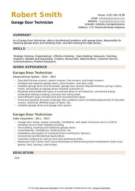 Repairing the door yourself can be a daunting task — but so can paying for rep. Garage Door Technician Resume Samples | QwikResume