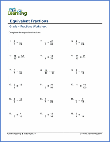 Grade 4 Math Worksheets: Equivalent fractions | K5 Learning