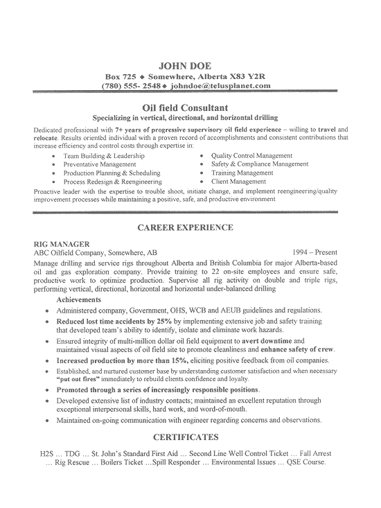 it resume format sample. Oil Field Job Resume Sample