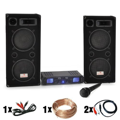  Set Sono DJ-26 - Pack de sonorisation complet - Ampli Enceintes et Micro (2000 W de puissance, câblage fourni) - Noir