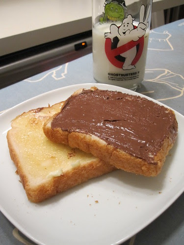 Nutella and buttered toast, milk - from groceries