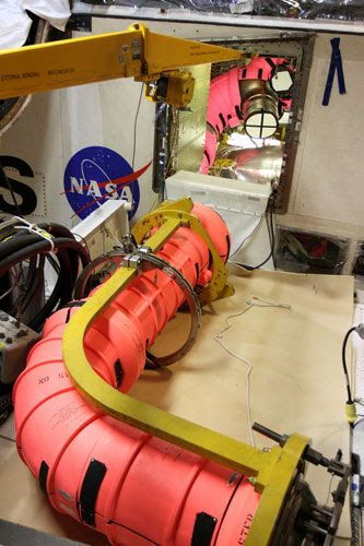 One of Atlantis' liquid hydrogen fuel lines after it was removed from the orbiter on May 8, 2012.