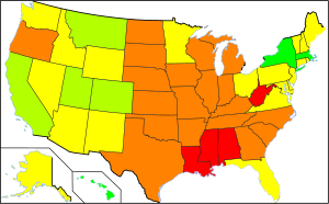 Map showing prevalence of obesity in the Unite...