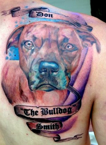Pit Bull Portrait Tattoo. pet portrait right back shoulder