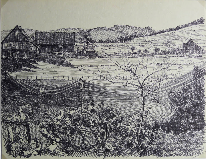 Fritz Pirner (* 1889): 4 Blatt Zeichnungen, Tuschfeder und Bleistift,  Landschaften, datiert 1959