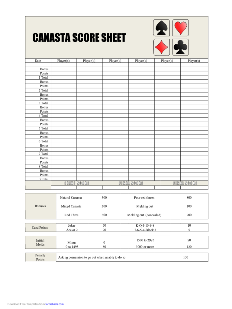 Canasta Score Sheet 5 Free Templates in PDF, Word, Excel Download