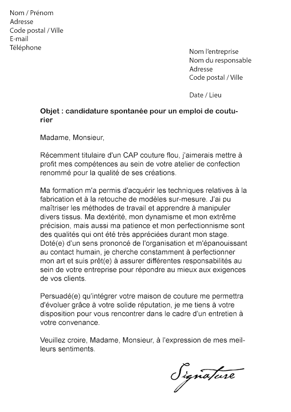 Lettre de motivation Couturier - Modèle de Lettre