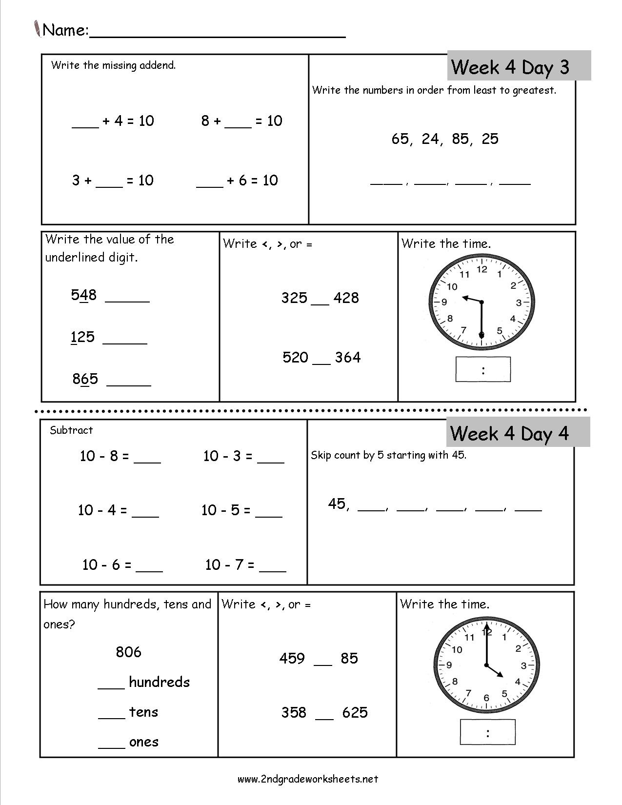 Free 2nd Grade Daily Math Worksheets