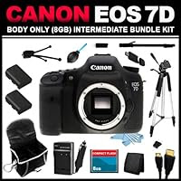 Canon 3814B004 EOS 7D 18 MP CMOS with 3-Inch LCD -Body Only -8GB Intermediate Bundle Kit includes x2 Batteries, Charger, Case, Memory Card, Memory Card Wallet, HDMI Cable, Table Tripod, Full Size Tripod, Monopod, USB Card Reader, Dust Blower, Cleaning Kit