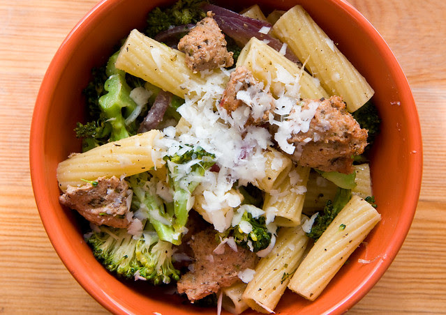 Pheasant sausage, broccoli, and rigatoni