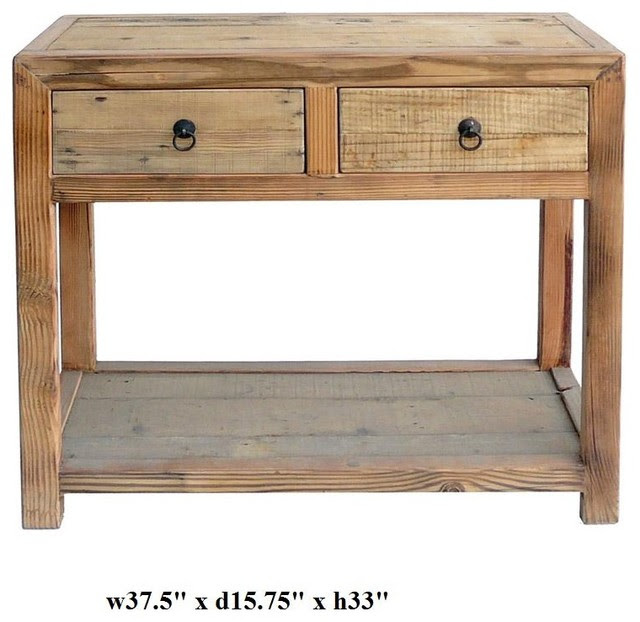 Chinese Raw Wood Plain 2 Drawers Side Table - tropical - side 