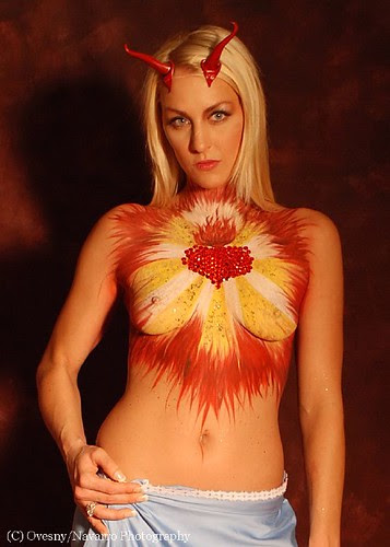 Model Posing With Red Flower Art Body Painting