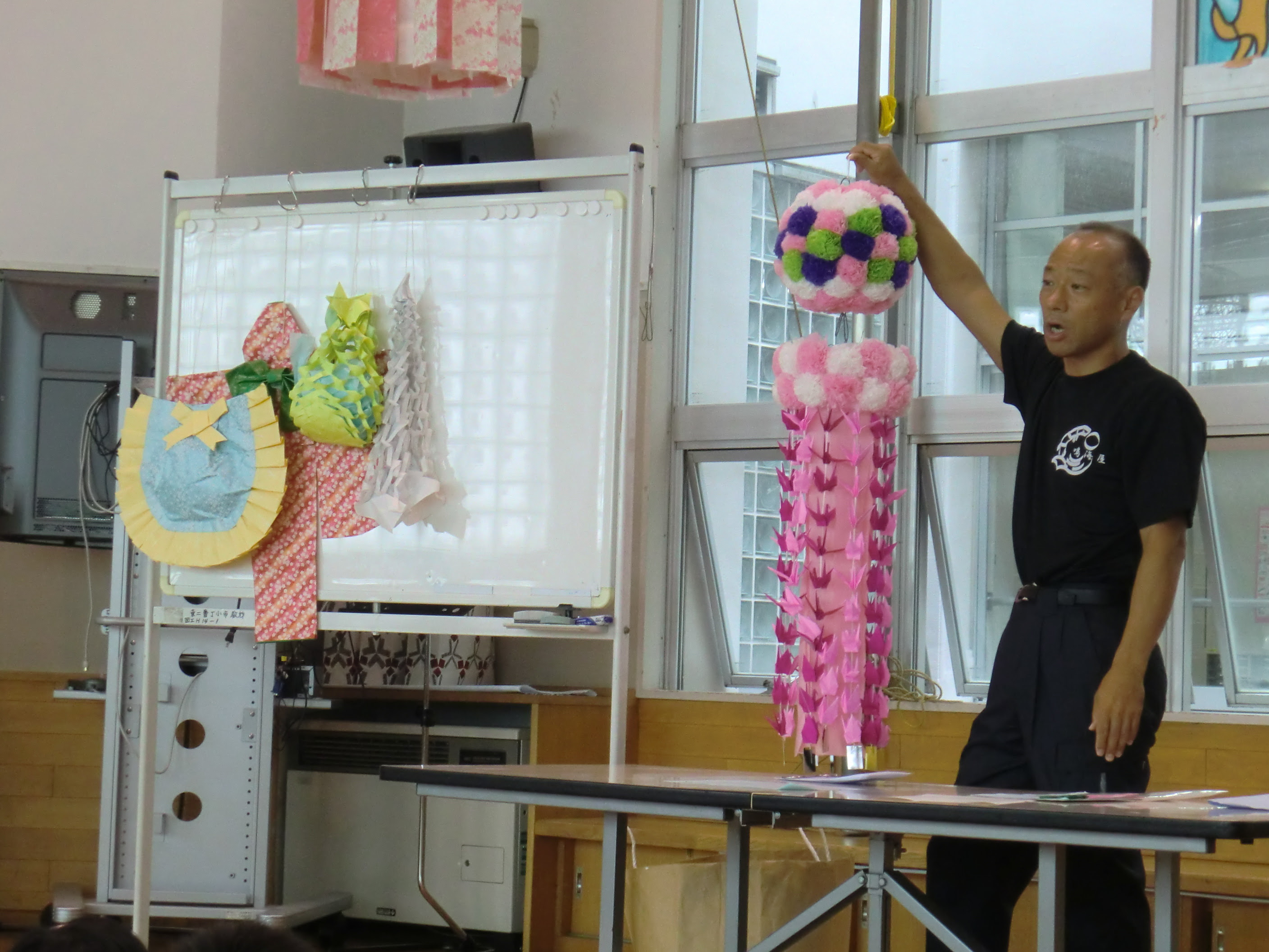 学芸会 例年 ２ ３年生の子どもたちが地域の方々や職人さんから七夕飾りの作り方や 鶴 吹き流し 財布などの折り方とそれぞれのかざりの意味も教えていただいています また とっておいた包み紙で吹き流しを作るなど 物を大切にする心も大切に