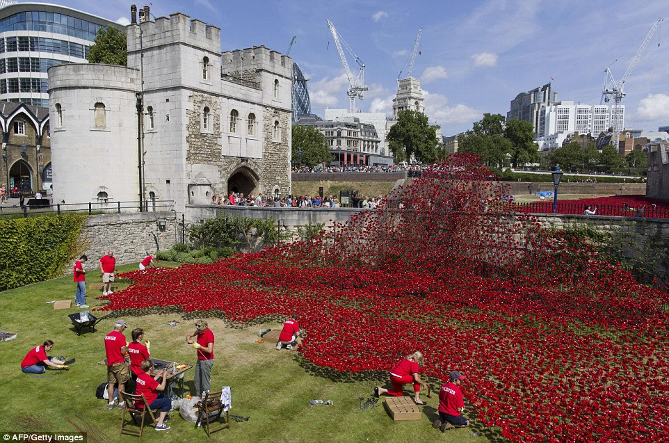 Cascade of red: Volunteers at the Tower of London were today installing even more porcelain poppies outside the building in memory of the fallen