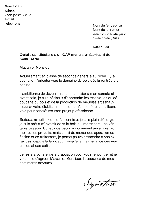 Lettre de motivation CAP Menuisier fabricant de menuiserie 