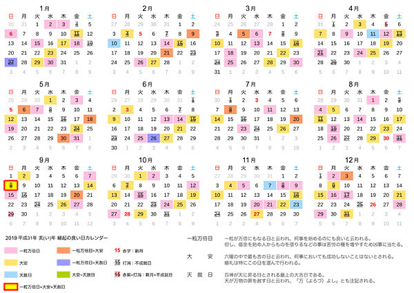 19年の縁起のいい日のカレンダー チルの工房 无域屋