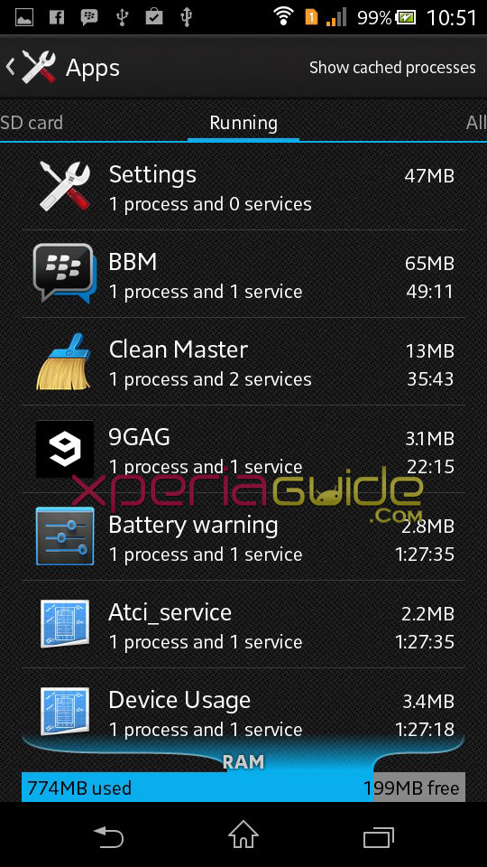 MB RAM available in Xperia C Android 4.2.2 16.0.B.2.6 firmware update