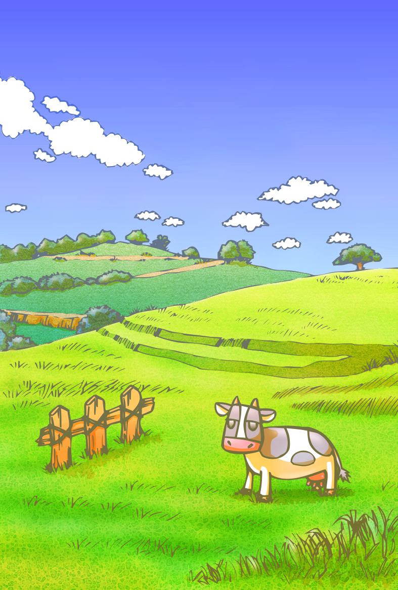 牧場と牛イラスト年賀状 文字無し Kmsys丑年賀状イラスト素材集