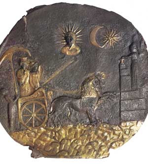 Medallion of Cybele in chariot, under the sun, moon and star; 2nd cent. BCE, Ai Khanoum, Afghanistan (Singh, 94)