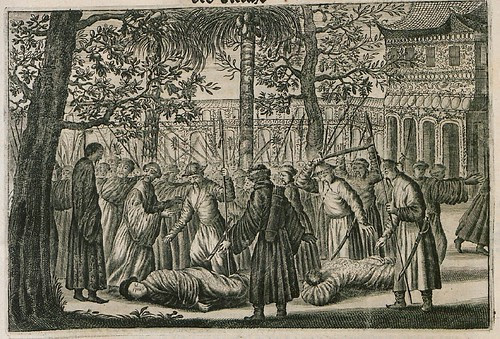 engraving of Chinese mob in 1600s with 2 culprits on the ground