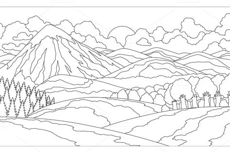 Mountain landscape with a waterfall on the creek coloring page. summer mountain landscape coloring custom designed illustrations