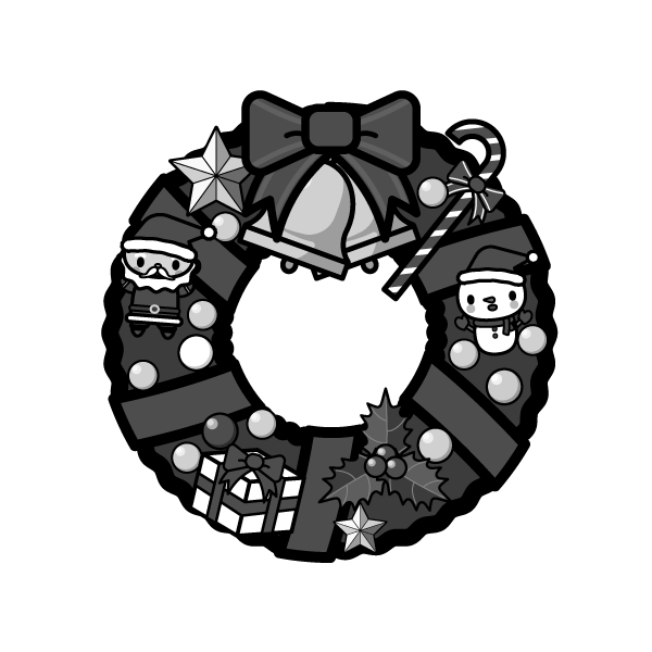 モノクロでかわいいクリスマスリースの無料イラスト 商用フリー オイデ43