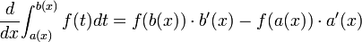 \frac{d}{dx}{\int_{a(x)}^{b(x)}f(t)dt} = f(b(x)) \cdot b'(x) - f(a(x)) \cdot a'(x)
