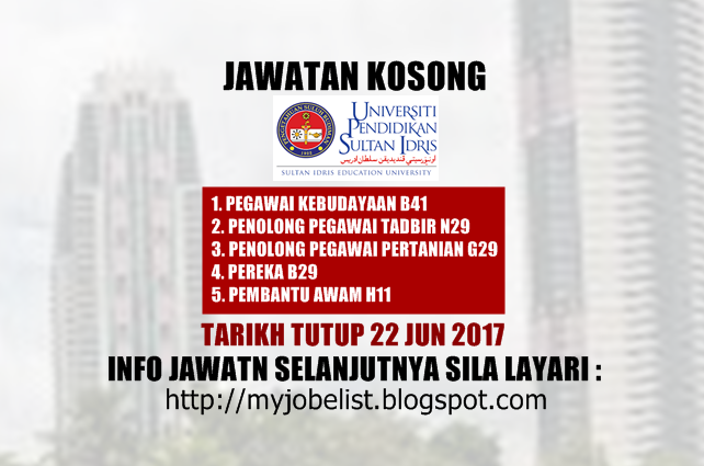 Jawatan Kosong di Universiti Pendidikan Sultan Idris (UPSI) Jun 2017