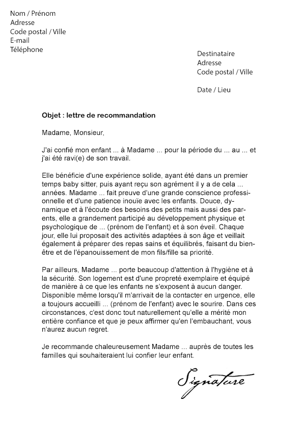 Lettre de recommandation Nounou - Modèle de Lettre