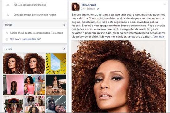 Atriz Taís Araújo foi alvo de comentários racistas em rede social