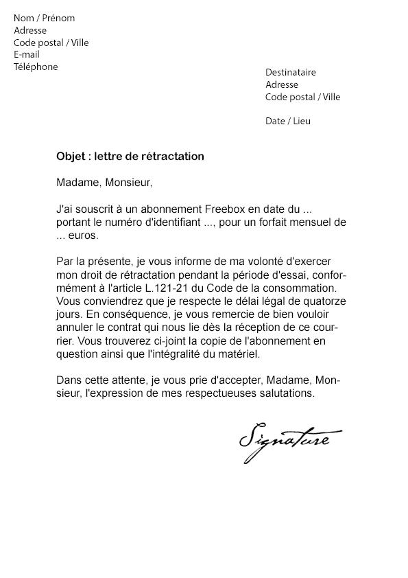 resilier freebox lettre