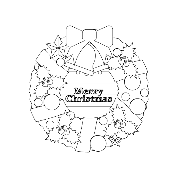 塗り絵に最適な白黒でかわいいクリスマスリース2の無料イラスト 商用フリー オイデ43