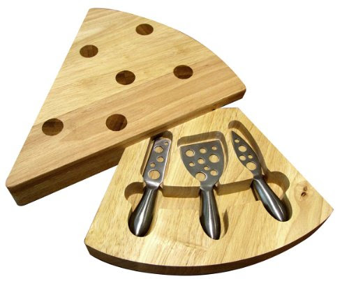 True Fabrications 3 Piece Wooden Handle Wine Grove Cheese Knife Set with Semi Heart Knife for Spreading Cheese, Rectangular Shapes for Slicing and Spreading in a Wooden Triangle Case/Cutting Board