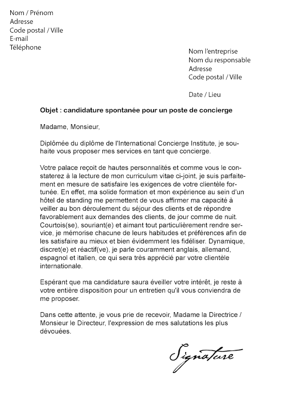 Lettre de motivation Concierge (Hôtel) - Modèle de Lettre
