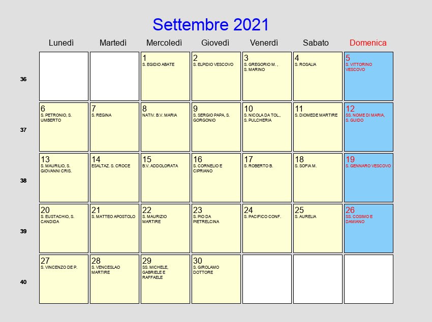 calendario giugno settembre 2021