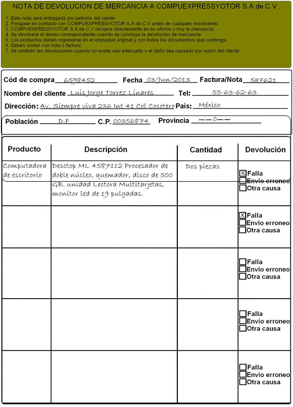 Ejemplo de Nota de devolución
