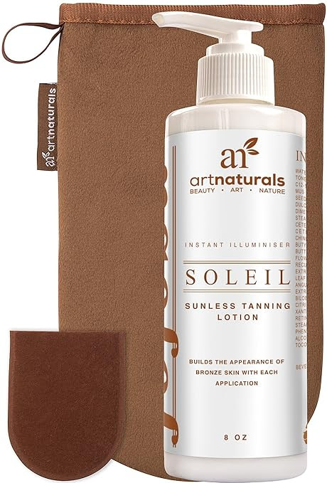 Art Naturals Organic Self Tanner Sunless Tanning Lotion Set w/ Mitt 8oz- Creates a Buildable Bronze & Golden Tan w/ Each Application - Instant Tint for All Skin Types, Light, Fair, Medium & Sensitive